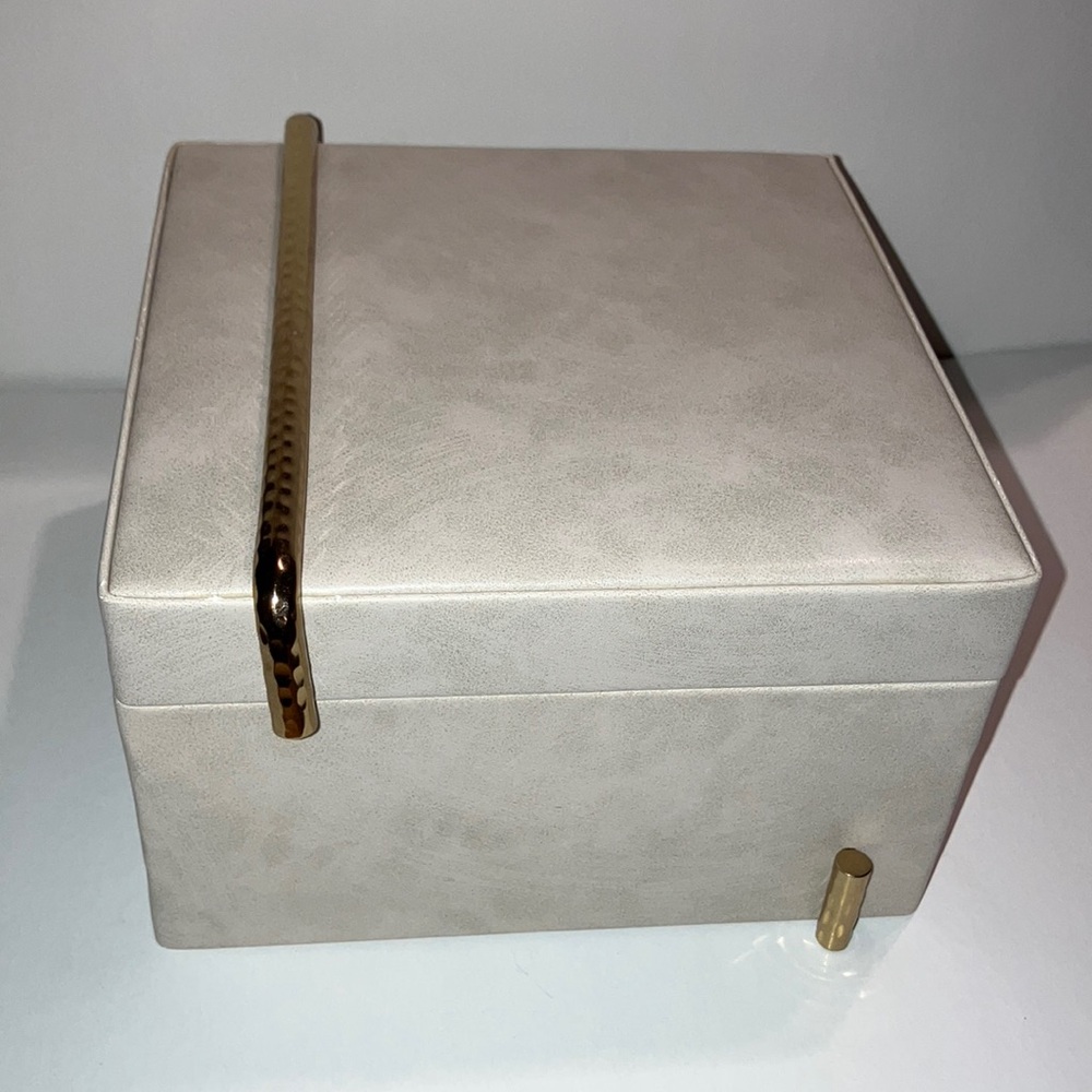 Cream Jewelry Keepsake Box with Gold Accents Faux Leather Sleek Modern Minimal